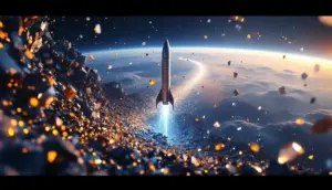 仮想通貨決済で打ち上げられるブルーオリジンの宇宙船のイメージ
