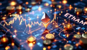 イーサリアムによる配当を象徴する未来的なブロックチェーンと株式証券のイメージ