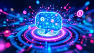 AIチャットボットが仮想通貨を選定する様子をイメージした未来的なアートワーク