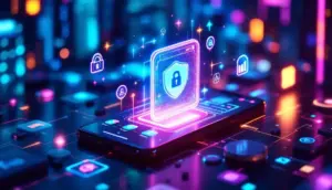 Coinbaseの新しい組込型ウォレットSDKを象徴する、スマートフォンから現れる未来的なデジタルウォレットのイメージ。
