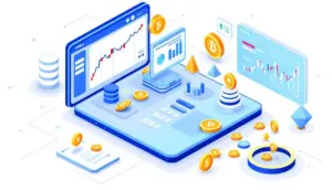 コインベースのプラットフォーム上で、仮想通貨やトークン化証券、デリバティブなどが統合された様子を示すアイソメトリックイラスト