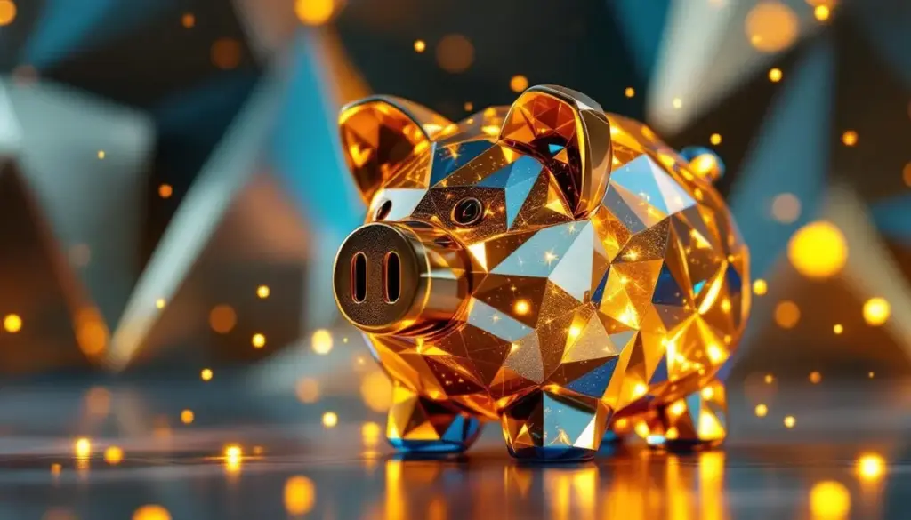 長期保有を象徴する豚の貯金箱から、ビットコインやイーサリアムなどの仮想通貨の光が放たれている様子