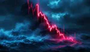 仮想通貨市場の下落を示す、金融チャートと荒れ狂う海のダブルエクスポージャー画像。赤いネオンが下落を、青いネオンが不確実性を象徴している。