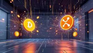 待合室から飛び出すXRPとドージコインのシンボルを描いた未来的な仮想通貨のイメージ画像