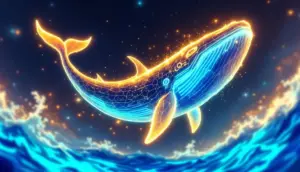 ドージコインのロゴを持つクジラが宇宙を泳ぐ未来的なイメージ