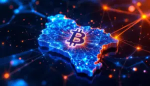 エルサルバドルの国旗とビットコインのシンボルが融合した未来的なデジタルアート