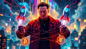 イーロン・マスク氏がソーシャルメディアと仮想通貨を操る様子をイメージしたサイバーパンク風のイラスト。