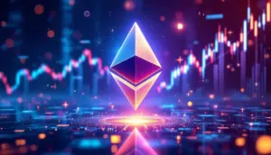 強気の金融チャートを背景に輝くイーサリアムのロゴ