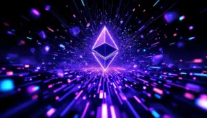 イーサリアムのロゴがデジタル通貨の流れに溶けていく様子を描いた抽象的なアートワーク。