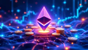 イーサリアムのロゴを中心に新しい仮想通貨トークンが浮かぶ未来的な金融イメージ