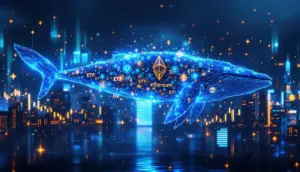 イーサリアムを大量に保有する企業を象徴する、光り輝くイーサリアムのロゴでできた巨大なクジラがサイバーパンク都市を泳ぐ様子