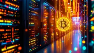 グーグルのロゴカラーが流れる未来的なビットコインマイニングとAIのデータセンター