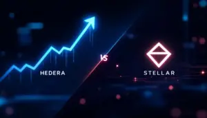 ヘデラ（HBAR）とステラ（XLM）のロゴが輝く未来的な背景の画像