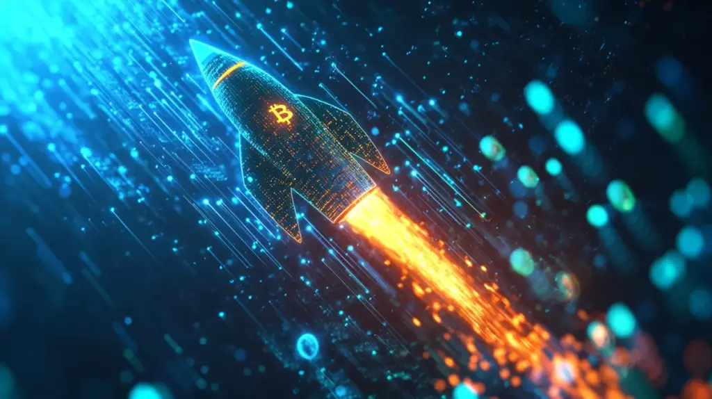 仮想通貨取引所のIPOを象徴するロケットと、その周りを上昇するアルトコインのシンボル