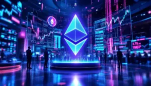 イーサリアムのロゴと機関投資家が分析する未来的な金融市場