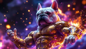 宇宙空間でポーズをとる、筋肉質な犬をモチーフにしたミームコイン「Maxi Doge」のイメージイラスト