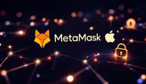 MetaMaskのロゴとGoogle、Appleのロゴがデジタル回線で繋がれている未来的な画像