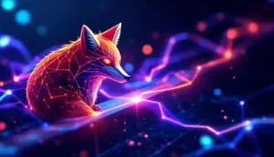 メタマスクとソラナのロゴがデータブリッジで接続されている未来的なイメージ
