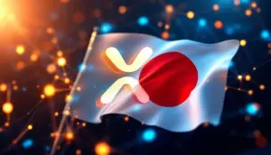 リップルのロゴと日の丸が融合し、デジタル通貨のシンボルが輝く未来的な金融提携のイメージ。