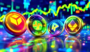4つの仮想通貨（Snorter, Flux, Pepe, Delysium）が輝く未来的なグリッドのイラスト