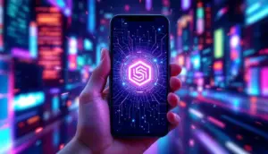 ソラナのロゴが表示されたスマートフォンと、分散型ネットワークにつながるデジタルの糸