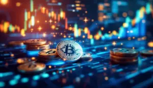 ビットコイン保有と株式発行の関係を象徴する未来的なビジュアル