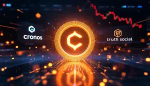 トランプメディアとCrypto.comの提携を象徴するクロノス（CRO）のロゴとデジタルデータストリーム