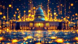 米国政府の公式データがブロックチェーンに流れ込む様子を象徴する未来的なイメージ