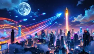 XRPがビットコインを超える可能性を象徴する、多数の青いロケットが1つの巨大な金のロケットを追い越す未来的な画像。