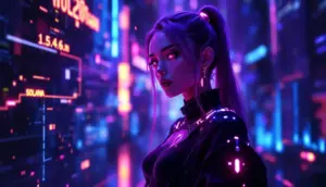 AIとアニメ文化、そして仮想通貨の融合を象徴する、ソラナブロックチェーンのデータが流れる未来的な空間に立つゴス系アニメ風のAIキャラクター