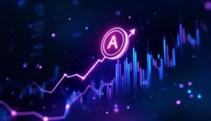 未来的なインターフェースを背景に、アスター（ASTER）のシンボルが急上昇する様子を描いた画像。