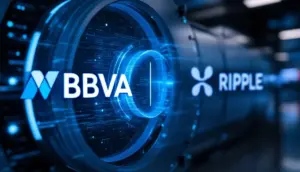 スペインの銀行BBVAとリップル社のロゴが並び、背景には安全なデジタル金庫が描かれている。