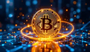ビットコイン関連銘柄が注目される仮想通貨市場の象徴的イメージ