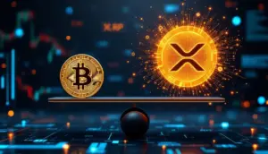 天秤に乗せられ比較されるビットコインとXRPのコイン