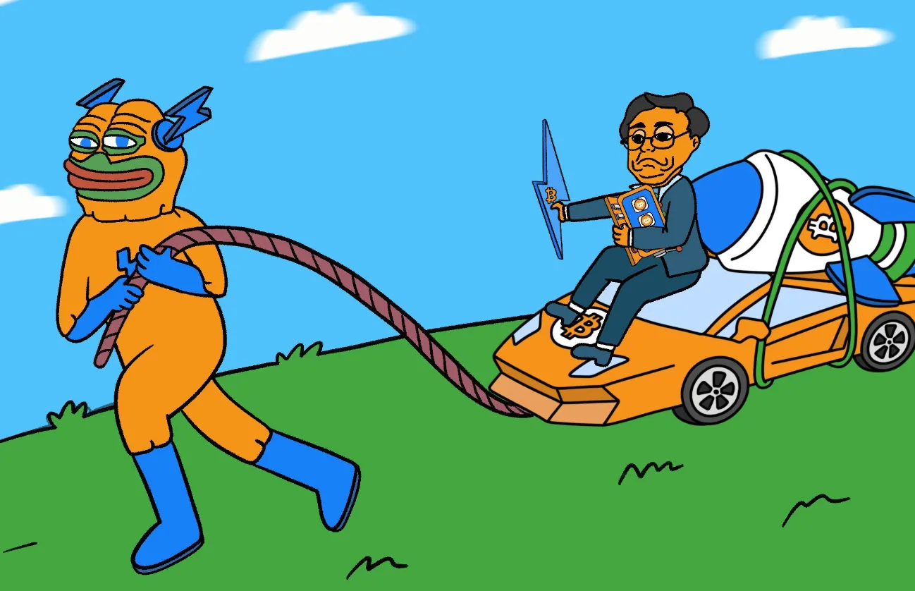 Bitcoin Hyperのミームが車に乗っている男の人を引っ張っている様子