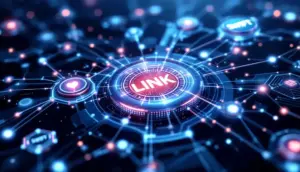 チェーンリンクと大手金融機関が連携し、ブロックチェーンで金融データを繋ぐ未来的なイメージ。