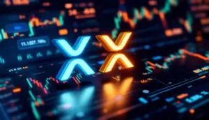 ソラナとXRPのロゴが輝く、未来的な金融取引画面