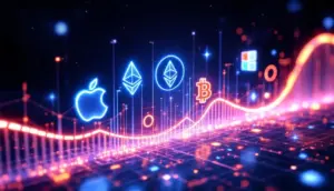 大手テック企業と仮想通貨のロゴを繋ぐ未来的なデジタルブリッジのイラスト