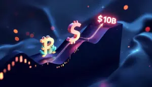 100億ドルの目標に向かって上昇する仮想通貨のシンボルが描かれた未来的なグラフ