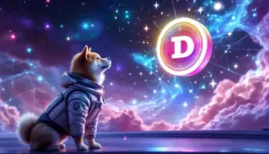 宇宙空間に浮かぶドージコインのロゴを見つめる柴犬のイラスト。