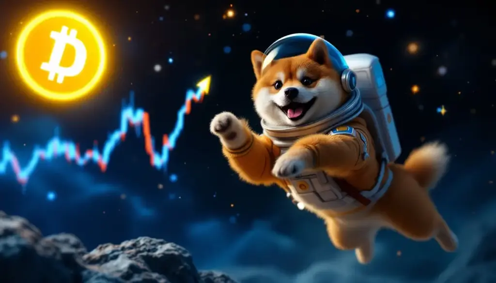 宇宙空間で上向きのチャートを背景に輝くドージコインのシンボルへ向かう柴犬