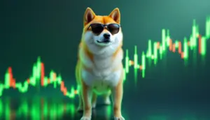 反発の兆しを見せるドージコインのチャートと柴犬のイラスト