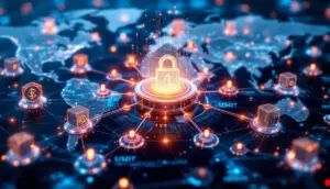 Fireblocksのロゴを中心に、世界中に広がるステーブルコインの決済ネットワークを示す未来的なイメージ。