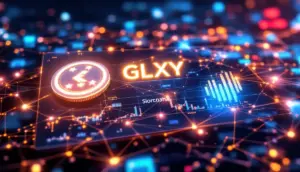 伝統的な金融市場とブロックチェーン技術が融合する未来的なイメージ