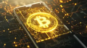 ビットコインのロゴがスマホに光って写っている