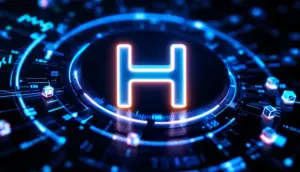 暗い背景に未来的な光を放つHyperliquidのロゴとデータストリーム