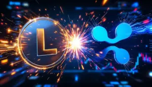 ライトコインとリップル（XRP）のロゴが激しく衝突する未来的なデジタルアート