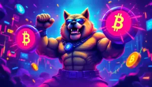 筋肉質なDogeを描いたミームコインを象徴する仮想通貨イメージ