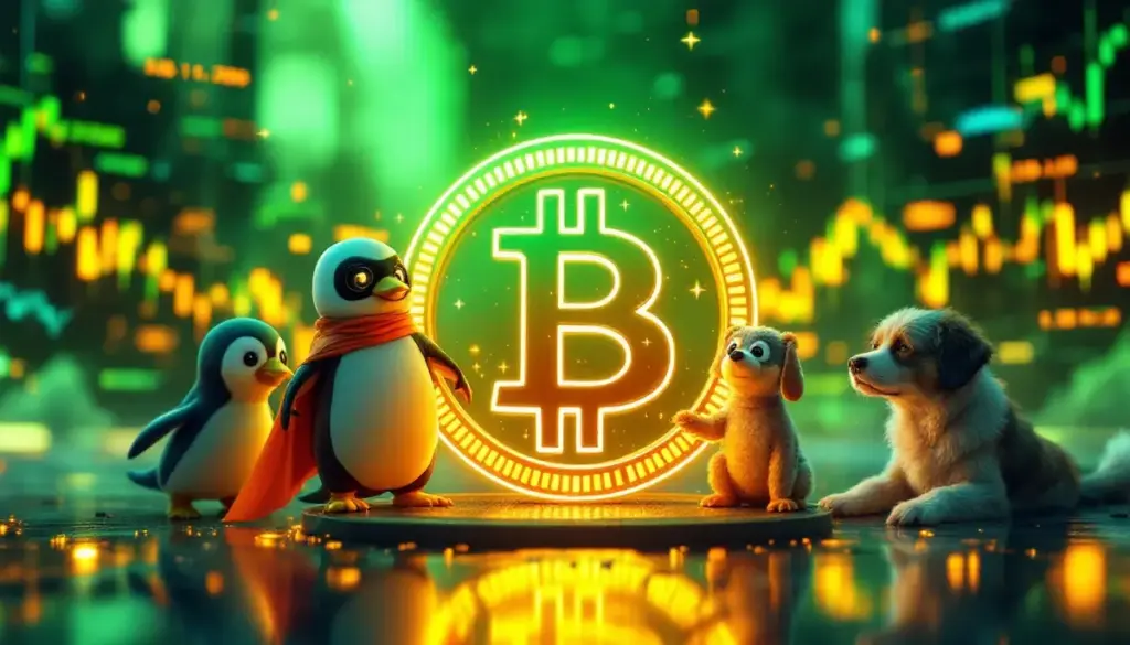 様々なミームコインのマスコットがビットコインのシンボルの周りを周回する未来的な画像