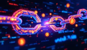 仮想通貨のシンボルがこぼれ落ちる、壊れたデジタルチェーン。サプライチェーン攻撃を象徴する画像。
